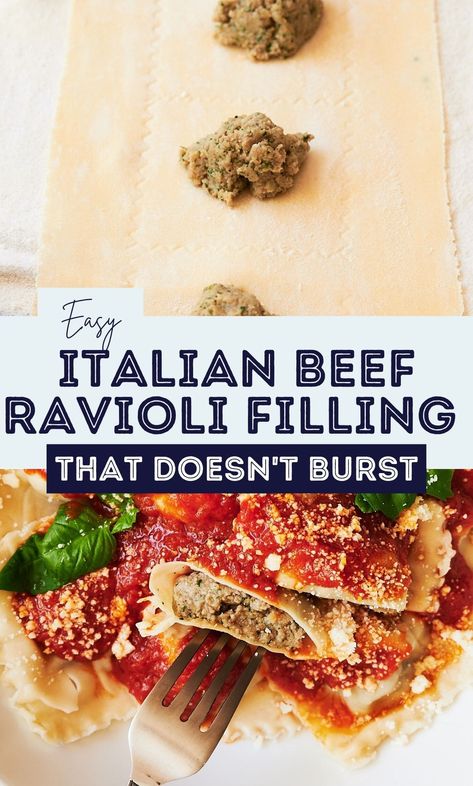 Don't be intimidated by the title! Making homemade beef ravioli is so simple once you have the right tools. Roll out some fresh ravioli dough and you'll be eating a ravioli dinner in about an hour! A classic Italian meat ravioli filling the whole family will love...or make it a ravioli party with some cheese ravioli or butternut squash ravioli! 3 Cheese Ravioli Filling, Homemade Ravioli Recipe Filling Meat, Ravioli Recipe Filling Meat, Goat Cheese Ravioli Filling, No Cheese Ravioli Filling, Homemade Ravioli Dough Without Machine, Chicken Ravioli Recipe Homemade, Traditional Ravioli Recipe, Meat Ravioli Recipe Homemade