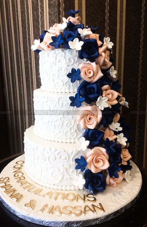 Navy Blush Wedding Cake, Blush And Blue Wedding Cake, Dusty Rose And Navy Blue Wedding Cake, Royal Blue And Blush Pink Wedding, Wedding Cake Designs Navy Blue And Blush Pink, Navy Blue And Rose Gold Cake Ideas, Navy And Rose Gold Wedding Cake, Rose Gold Navy Blue Wedding Cake, Navy Blue And Peach Wedding Cake