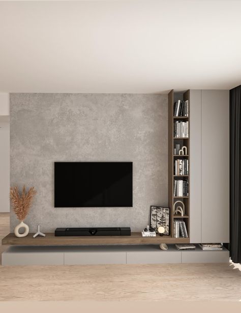 Tv Module Living Rooms, Tv Wall With Bookshelves, Tv Wall Design Modern Tv Rooms, Minimal Tv Wall Design, Elegant Tv Wall Design, Modern Living Room Tv Unit, Tv Wall Storage, Simple Tv Wall, Tv Wall Design Modern