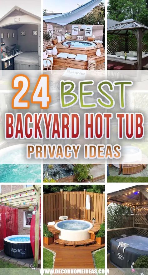 Backyard Hot Tub Privacy, Hot Tub Privacy Ideas, Hot Tub Decorating, Backyard Hot Tub, Hot Tub Deck Design, Hot Tub Bar, Hot Tub Shelters, Hot Tub Privacy, Backyard Spa