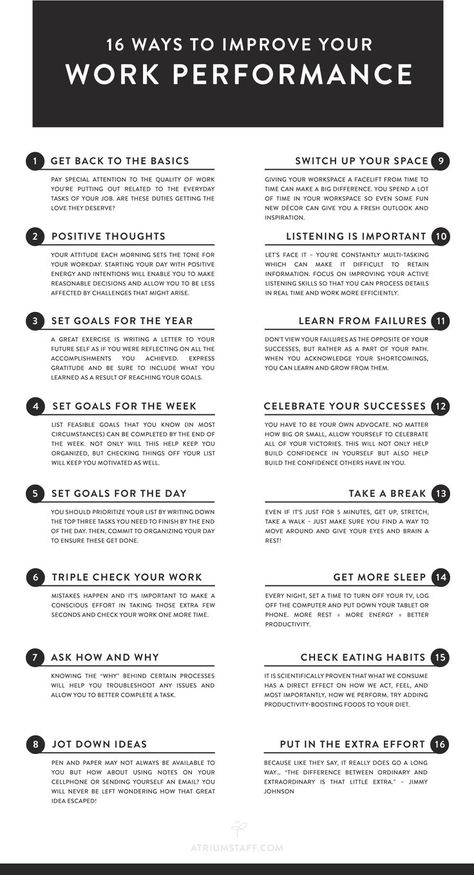 16 Ways to Improve Your Work Performance (Infographic) | Work motivation, Work skills, Job advice Work Self Assessment, How To Be Professional At Work Tips, Be On Time Quotes Work, Annual Review At Work, How To Be Professional At Work, Business Writing Skills, Work Hacks, Good Leadership Skills, Work Performance