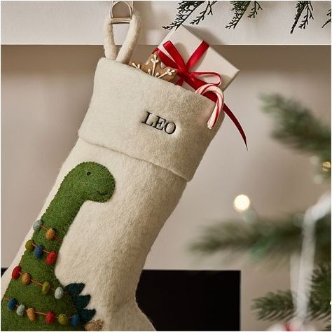 Christmas Decorations | West Elm Felt Dinosaur, Kids Holiday Decor, Modern Christmas Stocking, Diy Stockings, Quilted Christmas Stockings, Felt Christmas Stockings, Holiday Embroidery, Christmas Stockings Diy, Christmas Embroidery Patterns