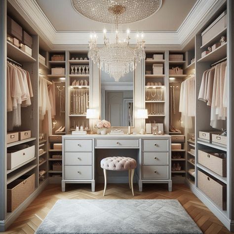 11 Walk-In Closet Design Ideas With Vanity For Your Master Suite - My Besuited Home Built In Dressing Table In Bedroom, Dressing Room With Vanity Table, Walkin Closet With Makeup Vanity, Main Bedroom Walk In Closet Ideas, Dressing Room Closet With Vanity, Make Up Vanity Walk In Closet, Shoe Storage In Walk In Closet, Walk In Closet With Vanity Makeup Rooms, Master Closet With Makeup Vanity