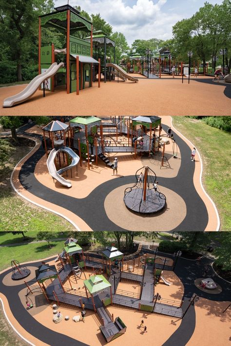 Playground On A Slope, Community Park Design Ideas, Play Ground For Kids Backyard Ideas, Outdoor Kids Area, Small Park Design, Outdoor Exercise Ideas, Kids Playground Design, Kids Play Area Outdoor, Playground Layout