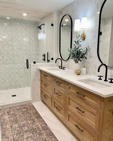 Oak Double Vanity Bathroom, Light Wood Color Bathroom Vanity, Light Stained Cabinets Bathroom, Bleach Bathroom Vanity, County Modern Bathroom, Rustic Bathroom With White Cabinets, Wood Tone Vanity Bathroom, Bathrooms Wood Vanity, Hall Bathroom Vanity