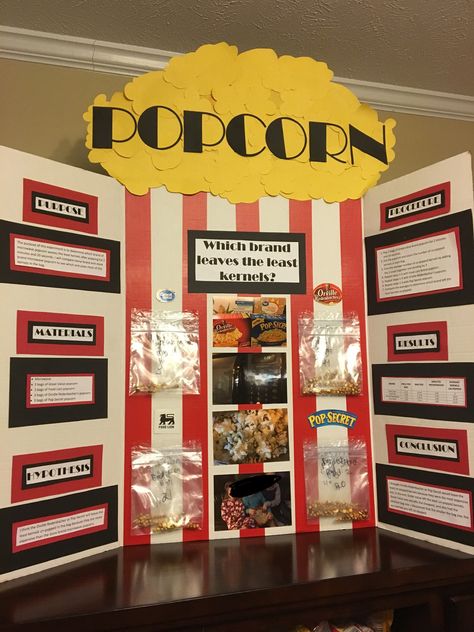 Science fair, popcorn science, fourth grade Class Science Fair Projects, Science Fair Boards Ideas, Quick And Easy Science Fair Projects, Science Fair Popcorn Project, Fun Science Fair Projects Middle School, Easy Science Fair Ideas, Science Fair Projects Popcorn, Science Fair Presentation Board, Cute Science Fair Projects