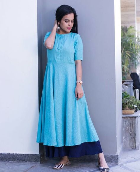 Ink blue with sky blue.Nice kurti Indian Outfits Kurti, Sky Blue Kurti Design, Blue Kurti Design, Sky Blue Kurti, Sky Blue Suit, Blue Kurti, Combination Dresses, Indian Dresses Online, Blue Color Combinations