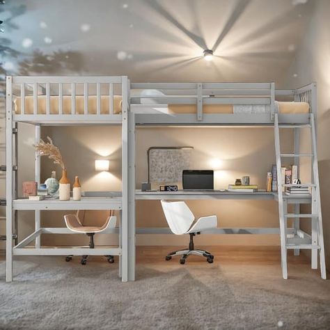 Wood Twin Size L-Shaped Loft Bed with Ladder and 2 Built-in L-Shaped Desks - Bed Bath & Beyond - 40510903 Beds With Space Underneath, Bunk Bed And Desk Room Ideas, Built In Bed With Desk, Loft Bed Ideas For Small Rooms With Desk, Full Size Bunk Bed With Desk, Loft Bed With Bed Under, Bunk Bed Desk Ideas, Room With Two Loft Beds, Diy Double Loft Beds For Small Rooms