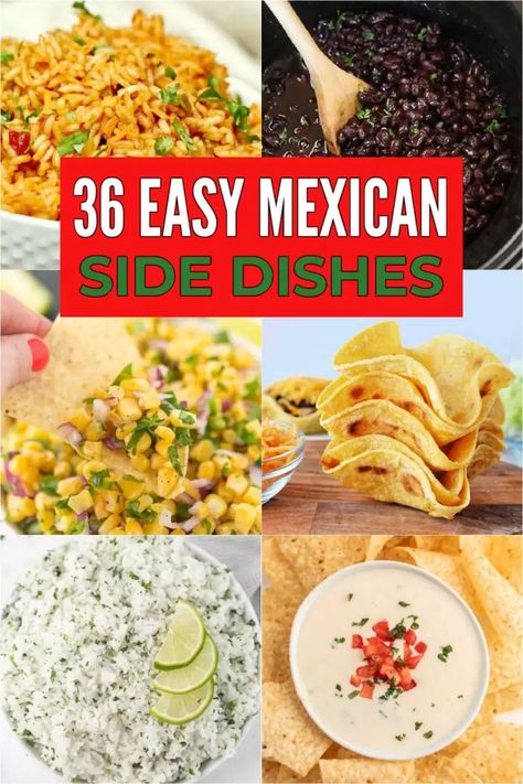 The Best Mexican Side Dishes that the entire family will love. 36 easy Mexican Sides to serve with tacos, enchiladas and more. These simple and quick Mexican Side Dish Recipes are perfect for Taco Tuesday or for potlucks too. You’ll love this easy side dishes. #eatingonadime #sidedishes #sidedishrecipes #mexicanrecipes Mexican Side Dish Recipes, Easy Mexican Side Dishes, Spanish Side Dishes, Best Taco Dip Recipe, Mexican Sides, Sides With Tacos, Mexican White Cheese Dip, Mexican Side Dish, Spanish Rice Recipe Easy