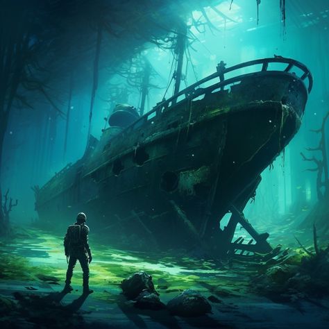 Underwater ship. Sunken ship. Ghost ship. Ethereal. Moody. Haunting. Haunting art. Spooky art. Wrecked Ship, Underwater Shipwreck, Underwater Ruins, Sunken Ship, Hollow Earth, Ocean Underwater, Underwater Scene, Scifi Fantasy Art, Pirate Art