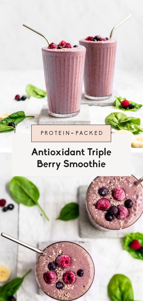 The best berry smoothie made with yogurt, frozen berries, flaxseed meal, almond butter and a handful of spinach. This delicious mixed berry smoothie is packed with antioxidants, protein and fiber for a healthy and filling breakfast you'll love! Triple Berry Smoothie, Yogurt Frozen, Flaxseed Meal, Smoothie Shop, Sweet Potato Cinnamon, Mixed Berry Smoothie, Berry Smoothie Recipe, Orange Julius, Jamba Juice