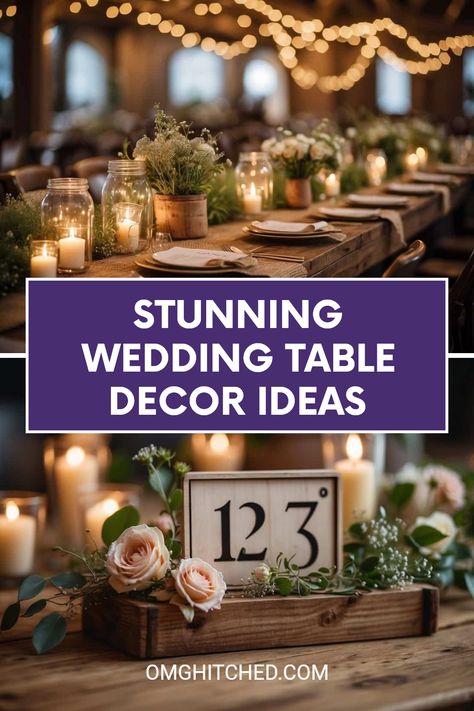 Ready to make your wedding reception unforgettable? Here are 9 simple and beautiful wedding table decor ideas that are sure to impress your guests! Picture rustic charm with burlap runners, mason jar centerpieces filled with wildflowers, and soft glowing fairy lights. Discover how to add touch with easy floral arrangements and creative table numbers. From cozy wooden accents to romantic candlelight, these tips will make your special day even more magical. Start planning your dream wedding today! Wedding Decor Table Ideas Rustic, Floral Wedding Table Decorations, Twinkle Lights Table Runner, Simple And Cheap Wedding Centerpieces, Country Farmhouse Wedding Table Decor, Mix Match Table Setting Wedding, Farm Table Decor Ideas, Fairy Lights Wedding Table, Inexpensive Wedding Table Decorations