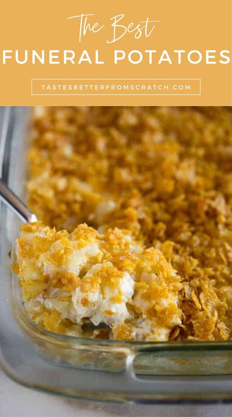 Image of easy, cheesy Funeral Potatoes made with hash browns, perfect for a crowd or holiday gatherings. Sunday Side Dishes, Cheese Potato Casserole, Party Potatoes, Potatoe Recipes, Cheesy Potato Casserole, Frozen Potatoes, Sunday Dinners, Shredded Potatoes, Hashbrown Recipes