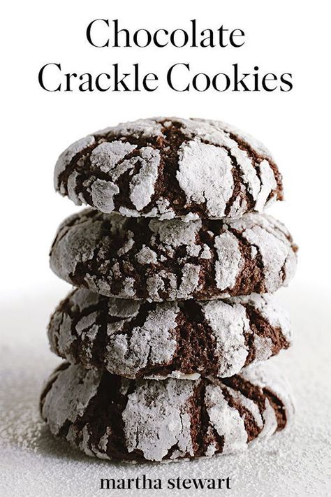 A variegated pattern of deep dark chocolate and pure white powdered sugar makes these crinkly cookies a striking study in contrast. Roll balls of the rich dough first in granulated sugar, then in confectioners' sugar. #marthastewart #recipes #recipeideas  #dessert #dessertrecipes Vegan Cookies Recipes Healthy, Chocolate Crackle Cookies Recipes, Cookies With Butter, Chocolate Crackle Cookies, Healthy Vegan Cookies, Crackle Cookies, Chocolate Crackles, Crinkle Cookies Recipe, Chocolate Crinkle