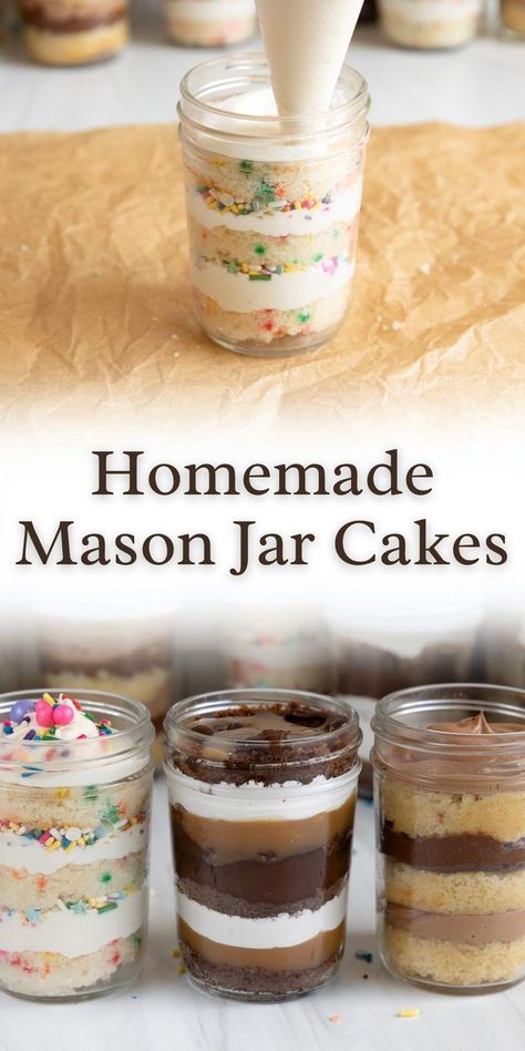 adding cake and frosting to a mason jar for homemade mason jar cakes. Cakes In Jars, Cake In A Jar Recipe, Mason Jar Desserts Recipes, Jar Cakes, Mason Jar Cakes, Mason Jar Recipe, Mason Jar Desserts, Dessert Cups Recipes, Cupcake In A Jar