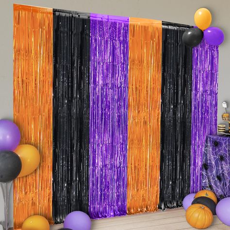 PRICES MAY VARY. XTRALARGE | CREATE BEAUTIFUL HALLOWEEN STREAMERS : Looking for unique halloween foil fringe curtains for orange and black halloween decorations? This xtralarge black and orange fringe curtain is perfect background for orange and black party decorations. With a touch of your creativity, you can make an elegant theme orange and black Deco with halloween photo backdrop for basketball party decorations or halloween party decorations. Haunt your party with halloween photo booth backd Halloween Decorations Streamers, Halloween Class Party Decorations, Decorations For Halloween Party, 10th Birthday Halloween Party, Halloween Photobooth Idea, Halloween Dance Party Decorations, Middle School Halloween Dance Decorations, Teen Halloween Birthday Party, Halloween Backdrop Party