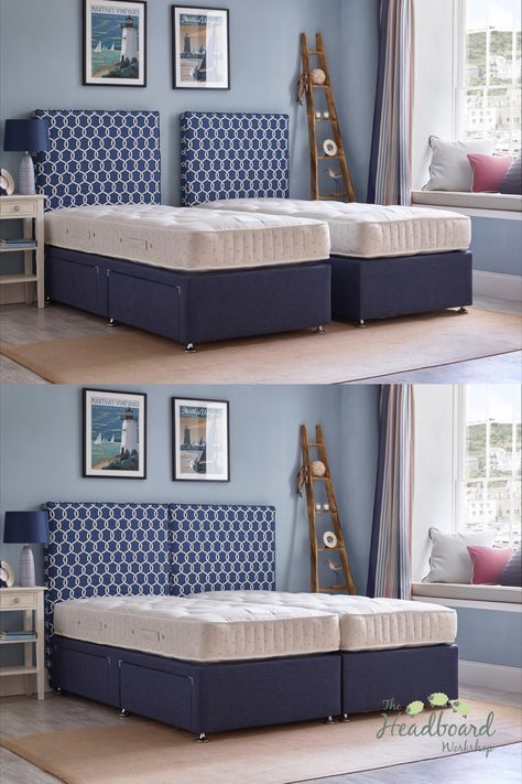 Linking two single beds into a super king or kingsize sleeping arrangement has never been easier or more beautiful. The Headboard Workshop has many stylish solutions for twin rooms, boutique hotels and holiday lets that need style and flexibility for their rooms as well as practicality and an upmarket feel. Two Twin Xl Beds Together, Twin Beds Privacy, Four Single Beds, Two Twin Beds Together King, Twin King Single Beds, Single Twin Bed Guest Room Ideas, How To Arrange Two Twin Beds In One Room, Two Beds For Couples, Two Twin Beds Pushed Together