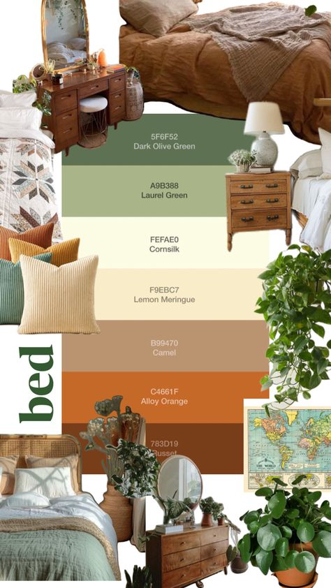 green, orange bedroom Green Yellow Cream Bedroom, Green And White Boho Bedroom, Olive Green And Caramel Bedroom, Olive And Burnt Orange Bedroom, Cream Green Orange Bedroom, Green Orange Room Aesthetic, Burnt Orange And Sage Bedroom, Bedroom Orange Green, Olive Green And Orange Bedroom