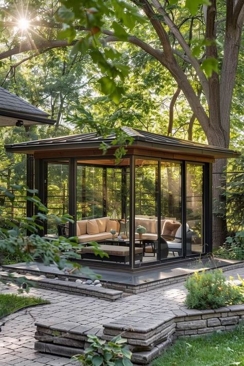 modern gazebo with glass walls Outdoor Rooms Patio, Glass House Garden, Modern Gazebo, Screened Gazebo, Outdoor Gathering Space, Ultimate Backyard, Beautiful Outdoor Living Spaces, Outdoor House, Backyard Gazebo