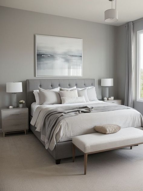 Create a sophisticated look by incorporating a large gray wall art piece as the focal point of your bedroom. Complement it with minimalist furniture and soft pastel accents for a modern and serene atmosphere. Bedroom Decor Gray Walls, Bedroom Decor Gray, Gray Bedroom Decor, Light Gray Bedroom, Gray Bedroom Walls, Gray Decor, Gray Wall Art, Natural Vibes, Grey Bedroom Decor