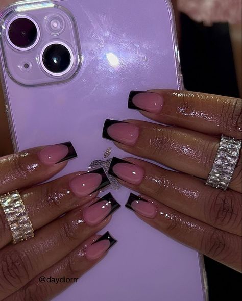 Pink Black French Tip Nails Short, Black French Tip With Pink Base, Black Pink French Tip Nails, Black French Tip Nails Pink Base, Pink Nails With Black French Tip, Black Short French Tip Nails, Pink And Black French Tip Nails, Black French Tip Nails Short, Short Black French Tip Nails