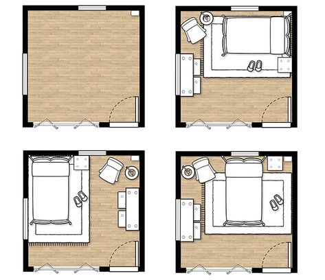 Small Room Design Layout, Small Room Bedroom Layout, Room Layouts For Small Bedrooms, Bedroom Self Design, Big Bed Small Room Ideas Layout, One Room Ideas, Apartment Bedroom Layout Ideas, Bedroom Blueprint Layout, Small Rectangle Room Layout Bedrooms