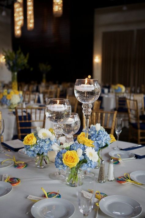 Blue And Yellow Wedding Flowers, Wedding Place Setting Ideas, Destiny Wedding, Foundry Wedding, Blue Yellow Weddings, Yellow Wedding Decorations, Yellow Centerpieces, Priscilla Of Boston, Sunflower Wedding Decorations