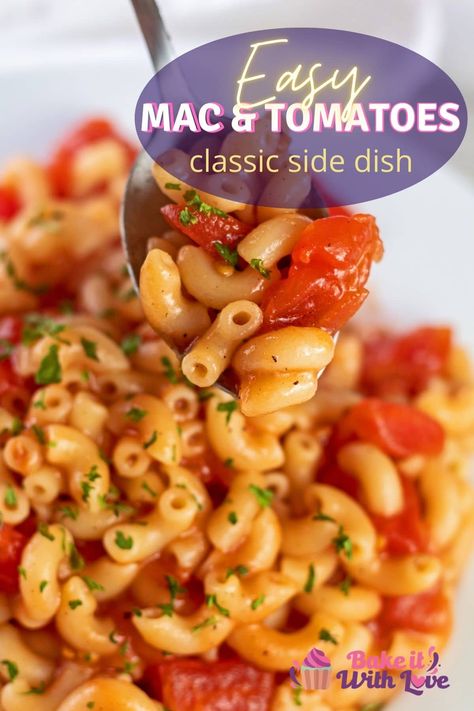 Tasty macaroni and tomatoes spooned from white pasta bowl. Side Dishes With Elbow Macaroni, Tomato Macaroni Soup Recipe Vegetarian, Baked Macaroni With Tomato Sauce Pasta Dishes, Macaroni And Bacon Recipe, Southern Macaroni And Tomatoes, Macaroni And Canned Tomatoes, Macaroni Tomato Recipes, Sweet Tomatoes Recipes, Mac And Tomatoes