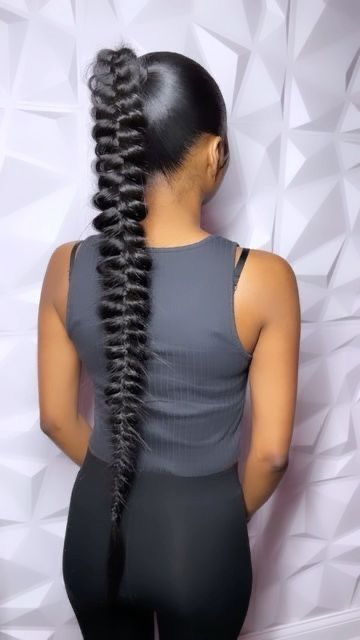 High Ponytail Fishtail Braid, Fishtail Braid With Ponytail, Long One Braid Ponytail, Bow Ponytail Black Women, Fishtail Braided Hairstyles, Ponytail Butterfly Braid, Long Fishtail Braid Black Hair, High Fishtail Ponytail Black Women, Braided Frontal Ponytail