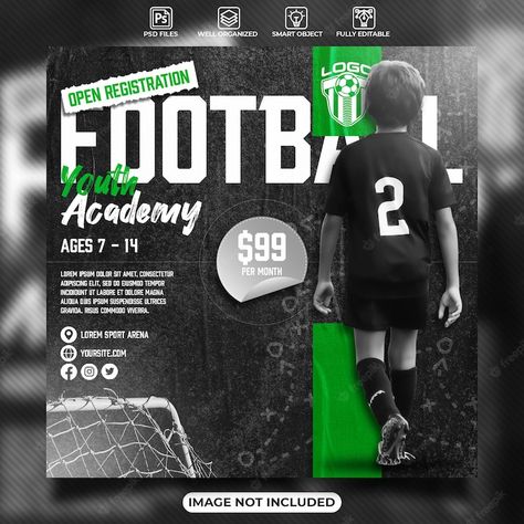 Soccer Academy Poster, Football Academy Design, Football Academy Poster, Soccer Social Media Design, Football Social Media Design, Soccer Fit, Football Social Media, Logo Academia, Soccer Template