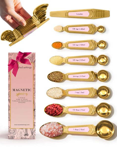 PRICES MAY VARY. SPICE UP YOUR KITCHEN WITH PINK GLAM - Elevate your kitchen with the perfect blend of classic style and modern functionality, now in pretty pink! Crafted from high-quality durable stainless steel, these pink and gold measuring spoons resist corrosion while adding a delightful touch to your collection of pink kitchen accessories. Cooking has never been so chic and fun! EFFORTLESSLY ORGANIZE AND ELEVATE YOUR KITCHEN – Our pink and gold measuring spoons are a game-changer, blending Fun Kitchen Accessories, Pink And Gold Kitchen Ideas, Luxury Things To Buy, House Necessities, Cute Kitchen Accessories, Pink Kitchen Decor Ideas, Pink And Gold Kitchen Decor, Kitchen Things You Need, Gold Kitchen Decor