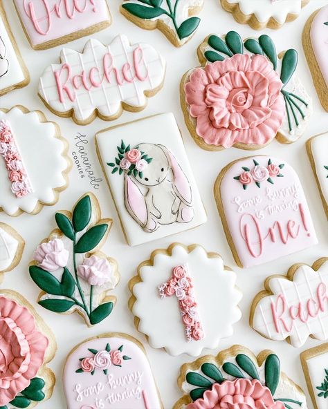 Flooded Cookies, Flower Sugar Cookies, First Birthday Cookies, Some Bunny Is One, Bunny Theme, Flooding Cookies, Theme Cookies, Royal Iced Cookies, Fancy Cupcakes