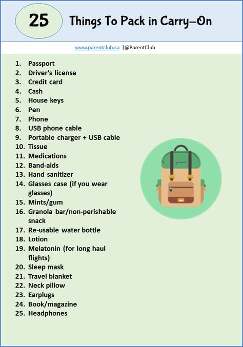 25 Things to Pack in Carry-On | Planner Weekly Layout, Comfort Items, Things To Pack, Printable Packing List, Travel Packing Checklist, Carry On Packing, Travel Snacks, Weekly Layout, Moving Packing