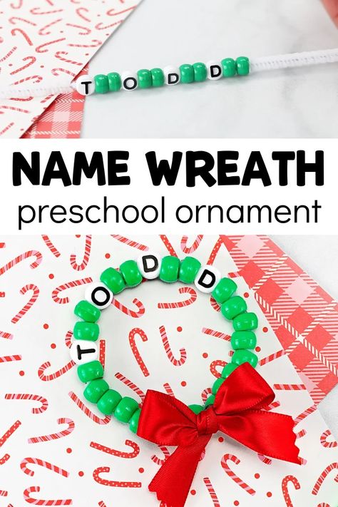 DIY Beaded Wreath Craft With Children's Names | Fun-A-Day! Christmas Craft Ideas For Classroom, Afterschool Crafts Elementary, Bead Crafts For Preschoolers, Button Crafts Preschool, Preschool Gifts For Kids From Teachers, Diy Preschool Ornaments, December Crafts Kindergarten, Christmas Craft For Classroom, 12 Days Of Christmas Crafts For Kids