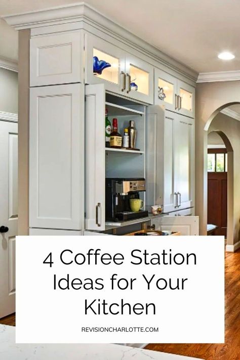 Coffee Station Kitchen Island, Coffee Station Pantry Cabinet, Coffee Station In Cabinet, Coffee Station In Cupboard, Tea Bar Station Kitchen, How To Hide Coffee Maker In Kitchen, Slide Out Coffee Station, Coffee Pot In Pantry, Coffee Bar Inside Cabinet