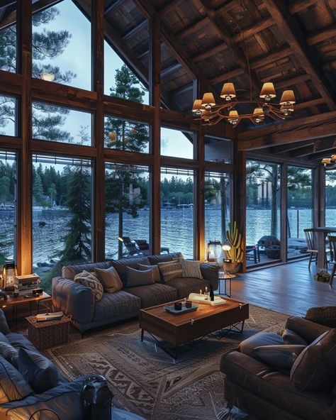 House Design With Big Windows, Lake View From Window, Cabin With Large Windows, Mountain Lake House Interior, Lots Of Windows House, Full Window Wall Living Room, Lake House Windows, Farm Windows, Cozy Cabin Living Room