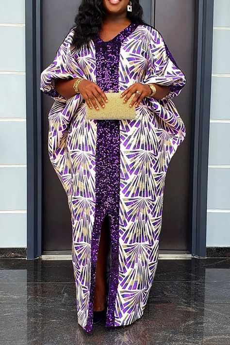 Plus Size Semi Formal Dress Purple V-Neck Sequined Loose Maxi Dress Plus Size Semi Formal, Formal Dress Purple, African Print Long Dress, Boubou Styles For Women, Bubu Gown Styles, Ankara Dress Styles, African Wear Dresses, African Inspired Clothing, Skirt Plus Size