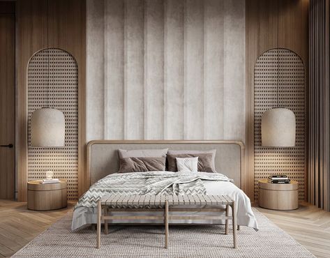 Eclectic Interior Design Bedroom, Bed Back Wall Design Modern, Bedroom Wallpaper Designs, Master Wallpaper, Japandi Bedroom, Wallpaper Design For Bedroom, Bold Bedroom, Inmobiliaria Ideas, Boho Bedroom Design