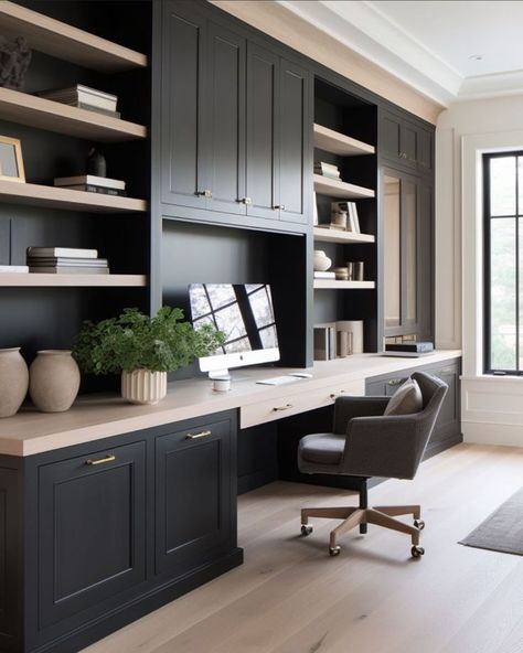 Office Wall Unit Ideas, Study Built Ins, Office Cabinets Ideas, Built In Office, Built In Desk And Shelves, Built In Bookcases, Home Office Built Ins, Modern Home Offices, Office Built Ins