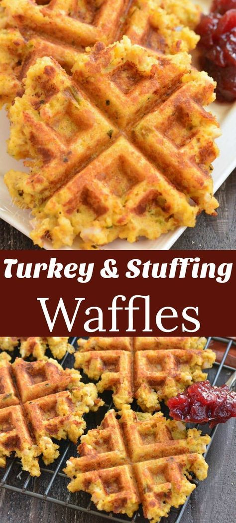 Stuffing waffles make a perfect addition to breakfast or brunch after the holidays. They're crispy on the outside and still soft and moist on the inside. You only need a couple of ingredients to make the waffles and we threw in finely chopped turkey and Parmesan cheese for more flavor. Leftover Stuffing Waffles, Cream Of Turkey Soup, Stuffing Waffles, Dinner Waffles, Turkey And Stuffing, Waffle Iron Recipes, Waffle Bowl, Thanksgiving Leftover Recipes, Waffle Maker Recipes