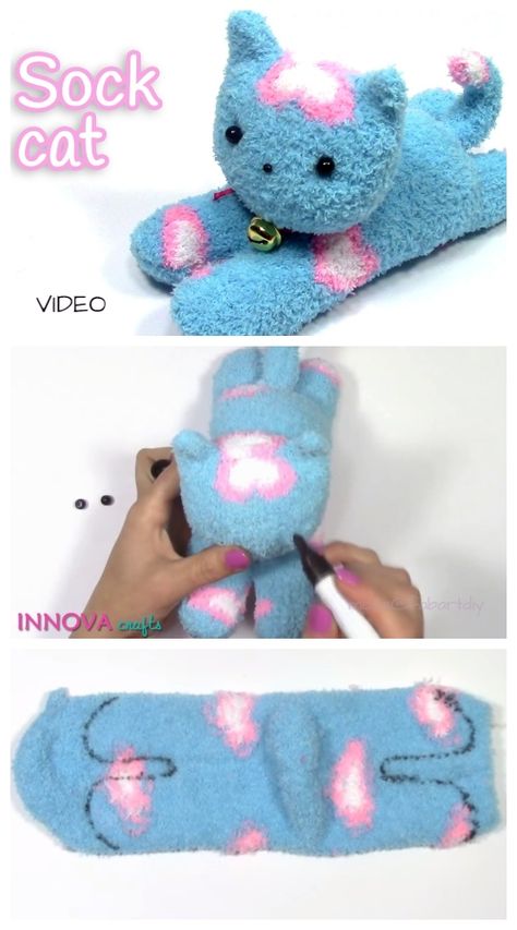 DIY Sock Kitten Free Sewing Pattern + Video Tutorial. Make a bunny head and pom pom tail. Sock Animals Diy, Sock Cat, Diy Sock Toys, Sock Animals Patterns, Toys To Make, Diy Lounge, Sock Dolls, Sock Doll, Sock Toys