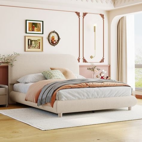 Curve-shaped Beige Teddy Fleece Platform Bed with Thick Fabric Upholstered Solid Wood Slat Support Low Profile Panel Bed Frame - On Sale - Bed Bath & Beyond - 39437126 Queen Platform Bed Frame, Full Size Platform Bed, Full Size Bed Frame, Beige Bed, Adult Bedroom, Queen Platform Bed, Teddy Fleece, Upholstered Bed Frame, Full Size Bed