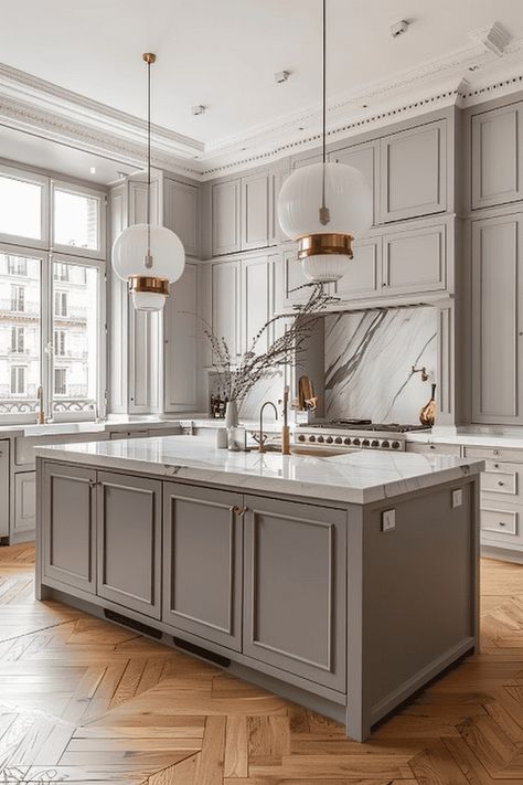 modern sleek french kitchen French Kitchen Ideas, Modern French Kitchen, Neo Classic Kitchen, French Kitchen Design, American Kitchen Design, Modern Classic Kitchen, Luxurious Kitchens, Luxury Kitchen Ideas, Classical Kitchen