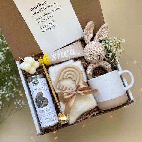 10+ Sweet Baby Shower Gift Basket Ideas Every Mom Would Love - One Sweet Nursery Gift New Mom, Postpartum Care Package, Lactation Tea, Hygge Box, Gift Box For Women, Mom Gift Basket, Push Present, Push Presents, Hygge Gifts