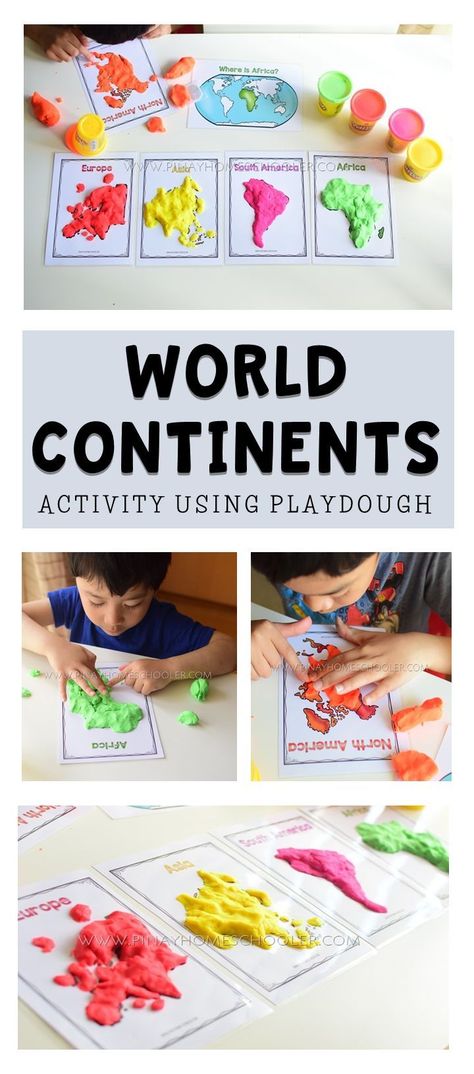 World Continents with playdough #preschool #kidsactivities #continents #geography #playdough #play #learningactivities World Continents, Continents Activities, Preschool Social Studies, Montessori Geography, Geography Activities, Geography For Kids, Kindergarten Social Studies, Teaching Geography, Homeschool Geography