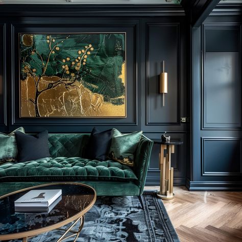 Elevating Your Home With 13 Elegant Color Schemes - DreamyHomeStyle Emerald Green Living Room, Tiki House, Art Deco Living, Latest Sofa Designs, Deco Living Room, Colour Themes, Gold Living, Art Deco Living Room, Gold Living Room