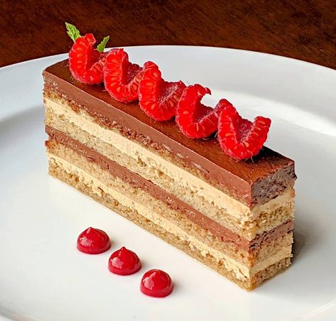 Opera Cake with Raspberries ❤️ #operacake #classicdesserts #simplicity #minimalism #opera #cake #chocolate #coffee #jocande #raspberry… Opera Cake Plating Ideas, Opera Cake Plating, Cake Plating, Raspberry Pastry, Cake With Raspberries, Opera Cake, Leaf Craft, Plate Presentation, Dessert Presentation