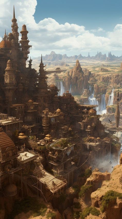 Desert City, Desert Aesthetic, Desert Art, Fantasy City, Fantasy Setting, Fantasy Places, Modern Fantasy, Fantasy Map, Panoramic View