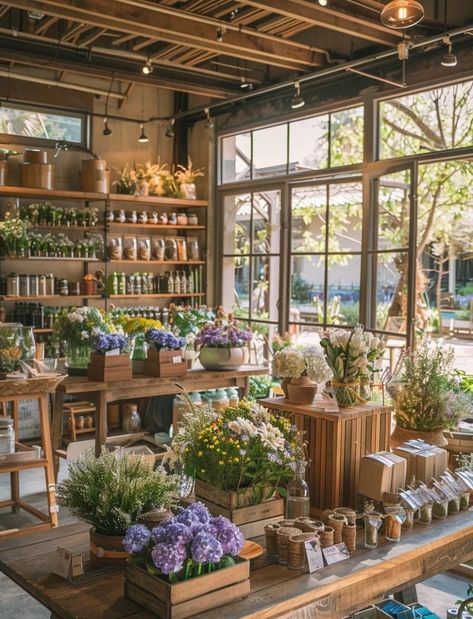 Flowers On Shelves, French Florist Shop, Herbal Store Ideas, Flowerist Aesthetic, Florist Coffee Shop, Aesthetic Shops Interior, Coffee Shop Flower Shop, Plant Shop Exterior, Bakery Flower Shop