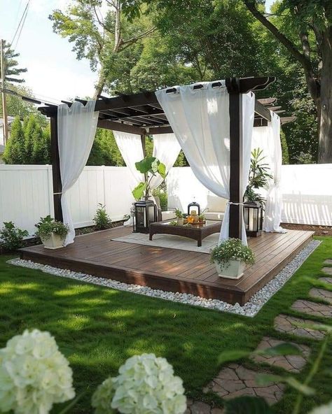 Gazebo On Deck, Floating Deck, Diy Patio Decor, Patio Pergola, Wooden Deck, Gazebo Pergola, Decks Backyard, Deck Ideas, Backyard Makeover